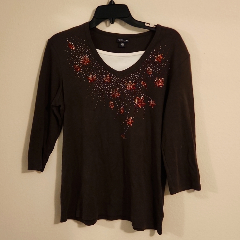 TRILLOGY Brown Leaf 3/4 length sleeved shirt size M